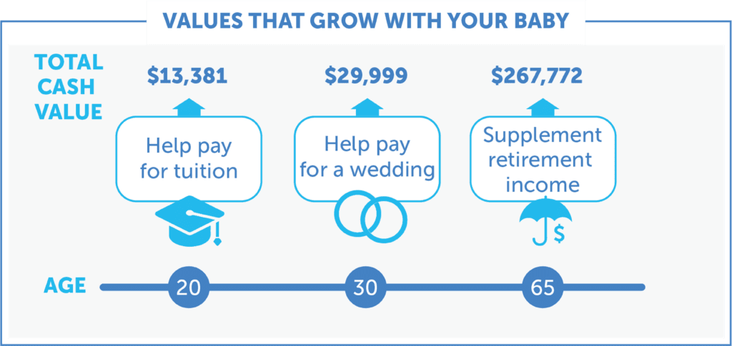 Values that grow with your baby: Total cash values at age 20, 30 and 65