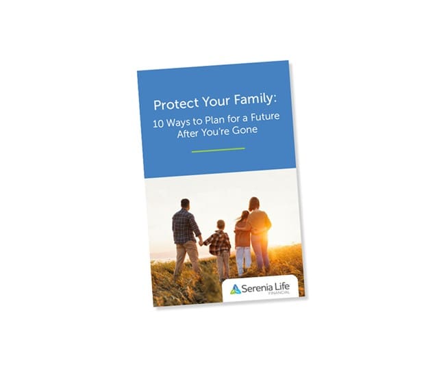 Cover page of Serenia Life free guide, with image of family staring off into sunset